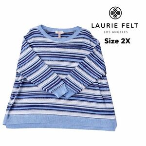 Laurie Felt Sweater 2X Blue Striped Knit Pullover Lightweight Plus Size